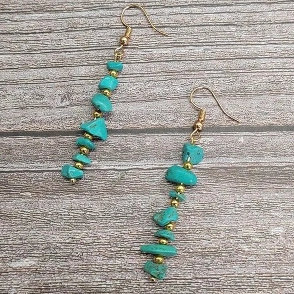 Turquoise Chip Stone Drop Earrings Gold Tone Dangle Hook Earrings